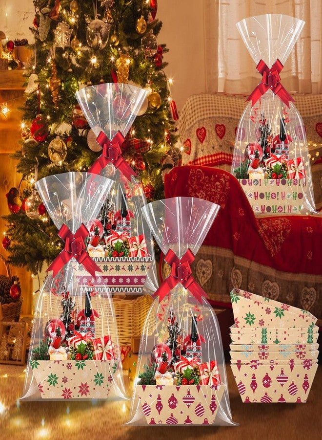 Pascliyna 24 Set Christmas Gift Baskets Empty 10x7 Inch, Kraft Paper Christmas Gifts Baskets with Cellophane Bags and Red Pull Bows, Reusable Gift Wrapping for Xmas Holiday Winter Party Supplies - Image 2